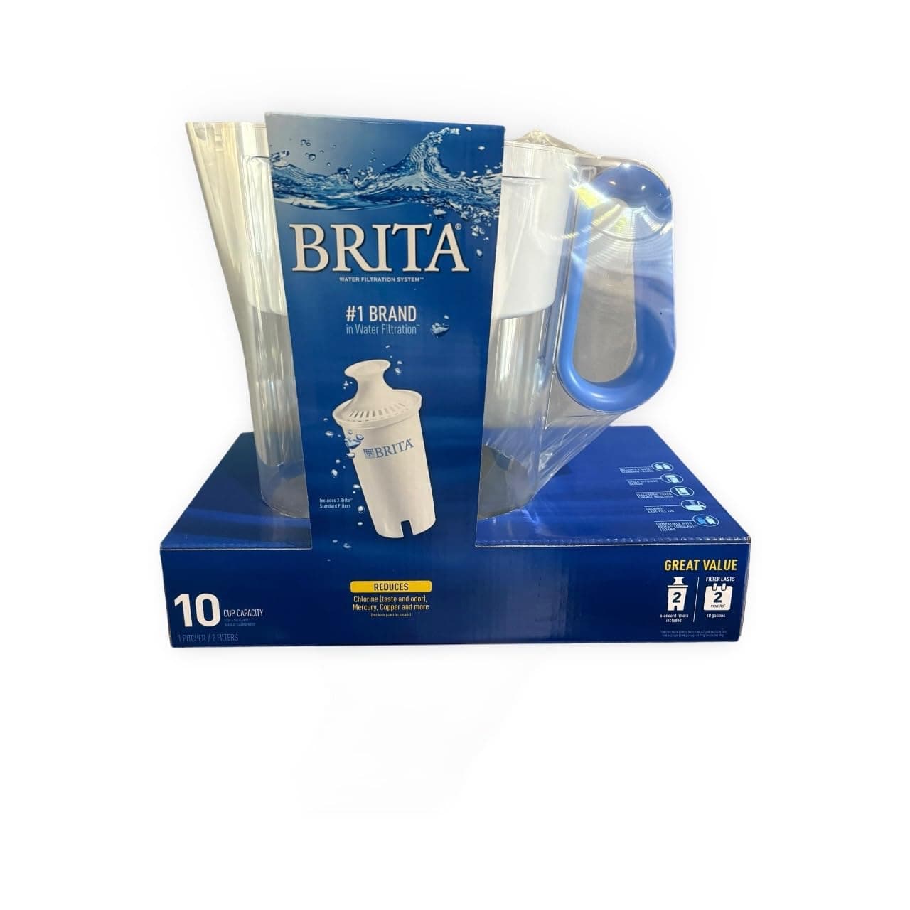 Brita Large Water Filter Pitcher with 2 Standard Filters, 10-Cup Capacity, BPA-Free, Blue, Reduces Chlorine Mercury Copper