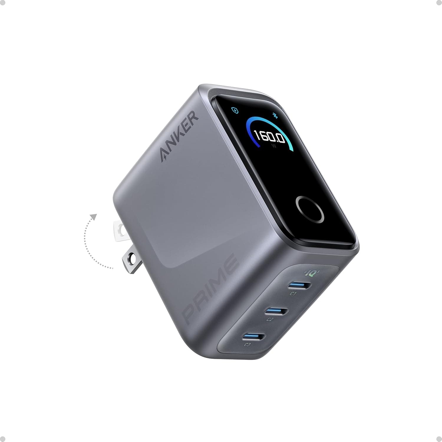 Anker Prime Charger,160W 3-Port Compact GaN USB C Charger Block,Smart Display and Touch Control,Up to 140W Single‑Port Charging,for MacBook Pro,Laptop,iPhone 17 Series(Cable Not Included,Non-Battery)