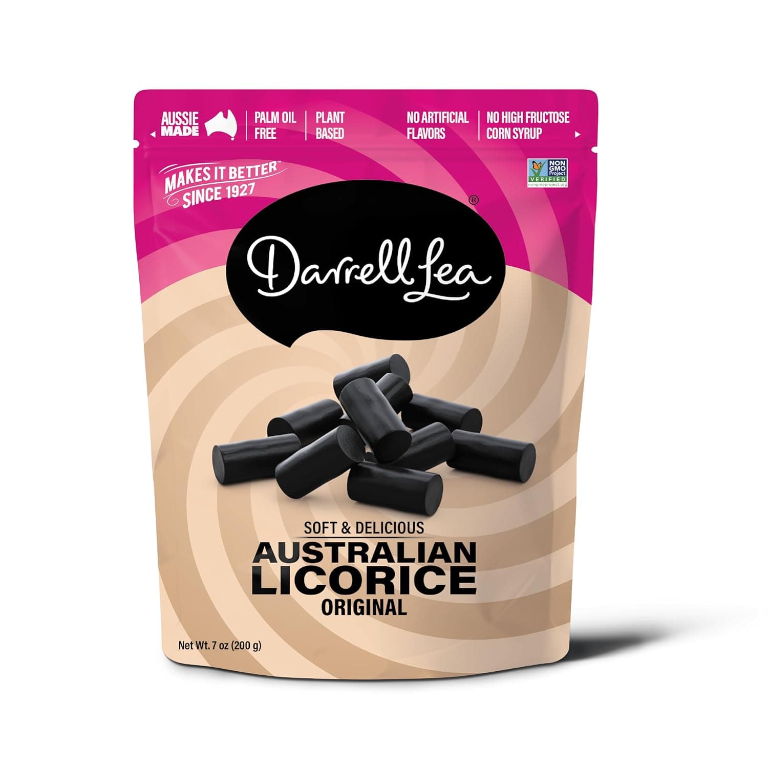 Darrell Lea Soft Australian Licorice, Non-GMO, No Palm Oil, Vegetarian Friendly, No High Fructose Corn Syrup, Soft & Chewy Licorice Candy, Made in Australia (Original Black, 7 Ounce (Pack of 1))