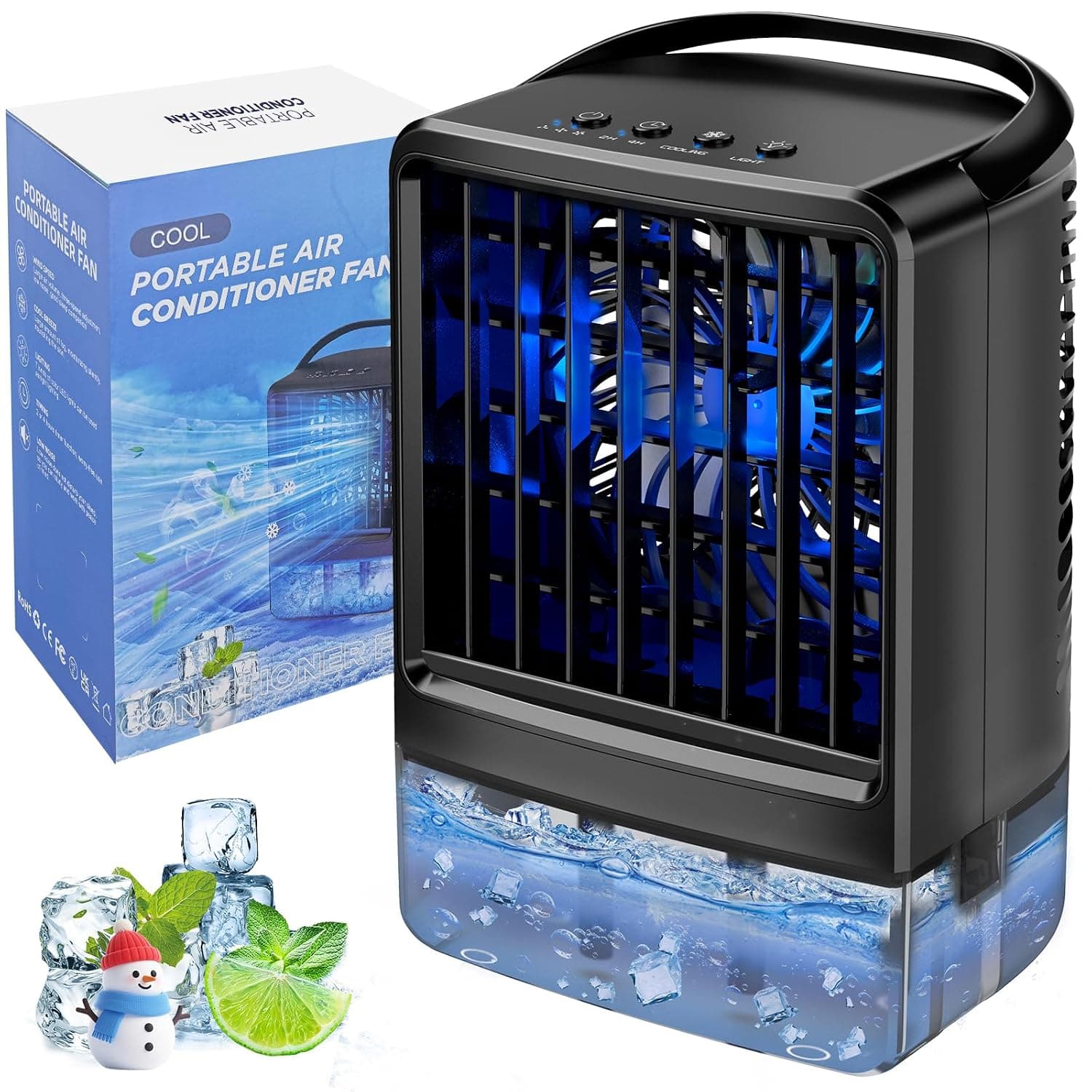 Portable Air Conditioner,Personal Mini Air Conditioners,Small Portable AC,3-Speed Desk AC Fan,Evaporative Air Cooler with Timer Function,7-Color Night light,Mist Modes for Bedroom,Office,Room(Black)