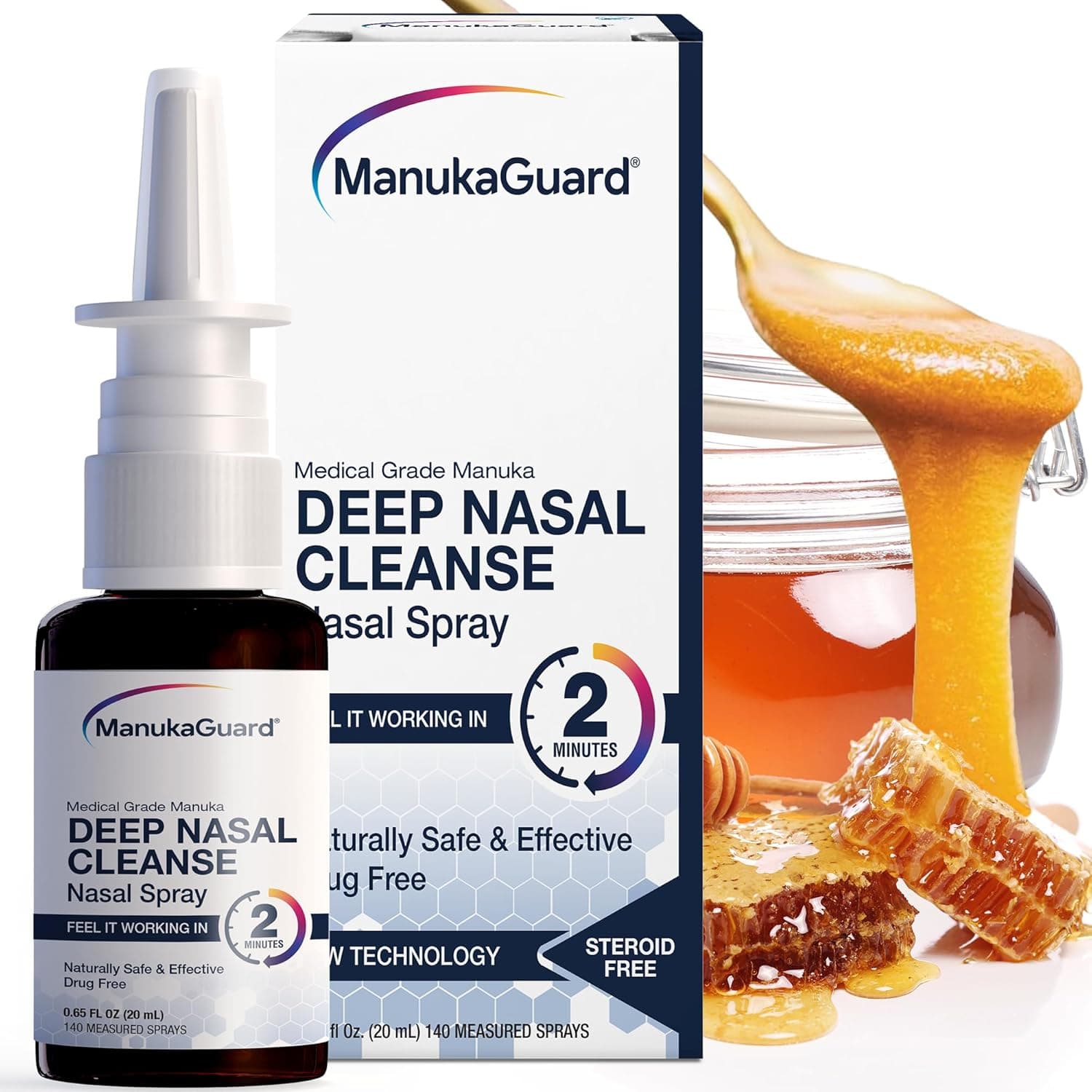 ManukaGuard Medical Grade Manuka Honey Natural Nasal Spray with Saline Solution for Congestion Support, Sinus and Allergy Relief, Nasal Moisturizing, New Zealand Honey, MGO 600, 0.65 fl oz Bottle