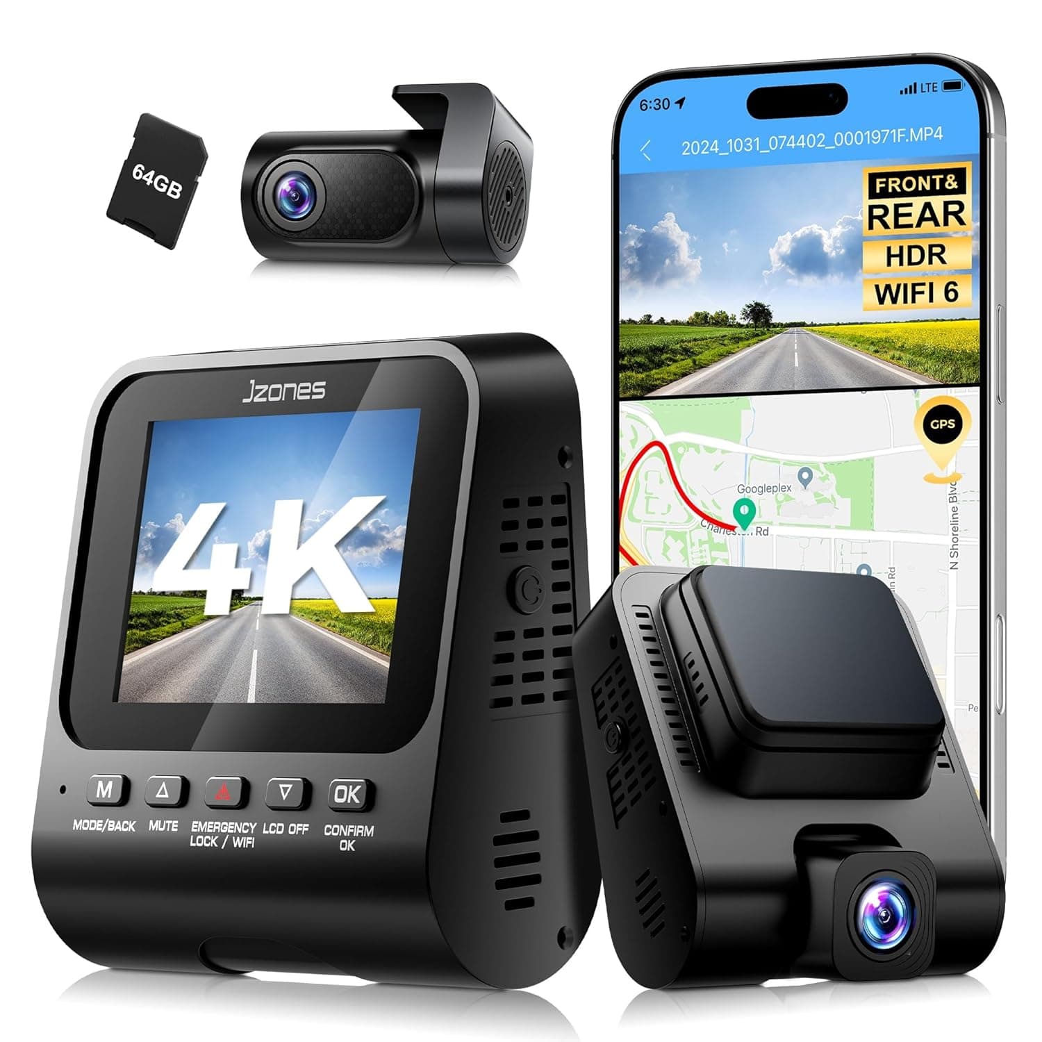 4K+1080P FHD Dash Cam Front and Rear, Dual Dash Camera for Cars with Night Vision, 2 Channel HDR Dash Camera, 24H Parking Mode Car Camera, Built-in GPS, WDR, 170°Wide Angle, WiFi 6, Free 64GB Card